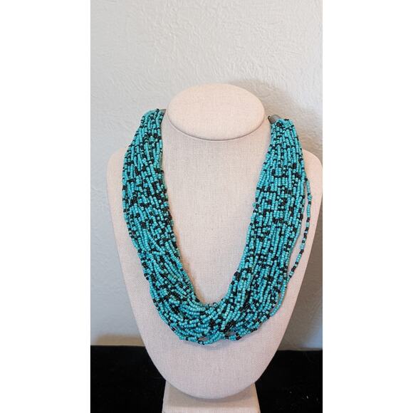 Multi Strand Turquoise and Black Seed Bead 18-22" Necklace - Picture 4 of 4